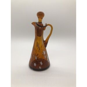Vintage Hand Blown Amber Art Glass Cruet Bottle Decanter Round Stopper